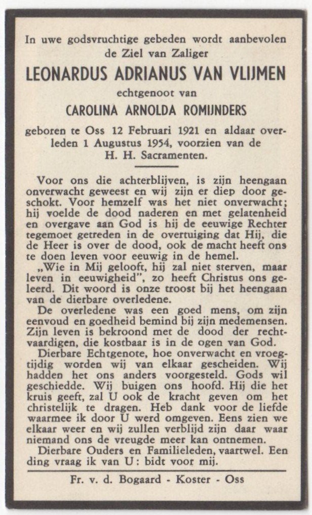 Leonardus A. van Vlijmen 1921 Oss + 1954 Oss, 33 jaar oud, Ophalen of Verzenden