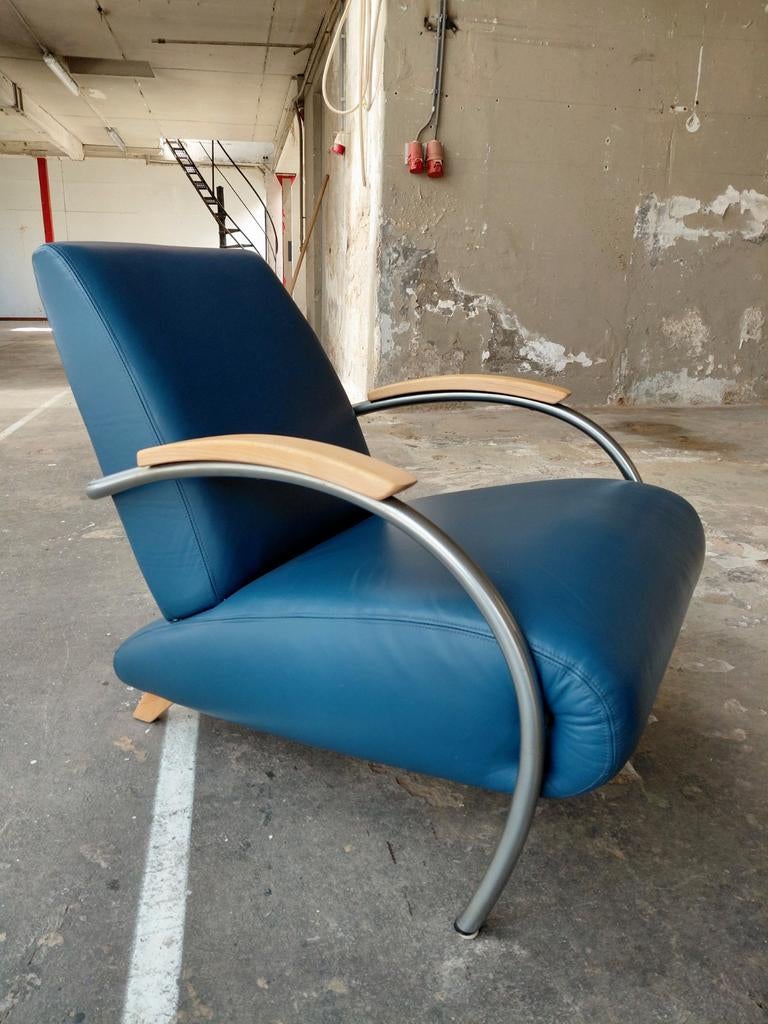 Gelderland 5470 | Fauteuil | Blauw leer vintage, Huis en Inrichting, Fauteuils, Gebruikt, Info@andriesign.nl, Ophalen of Verzenden