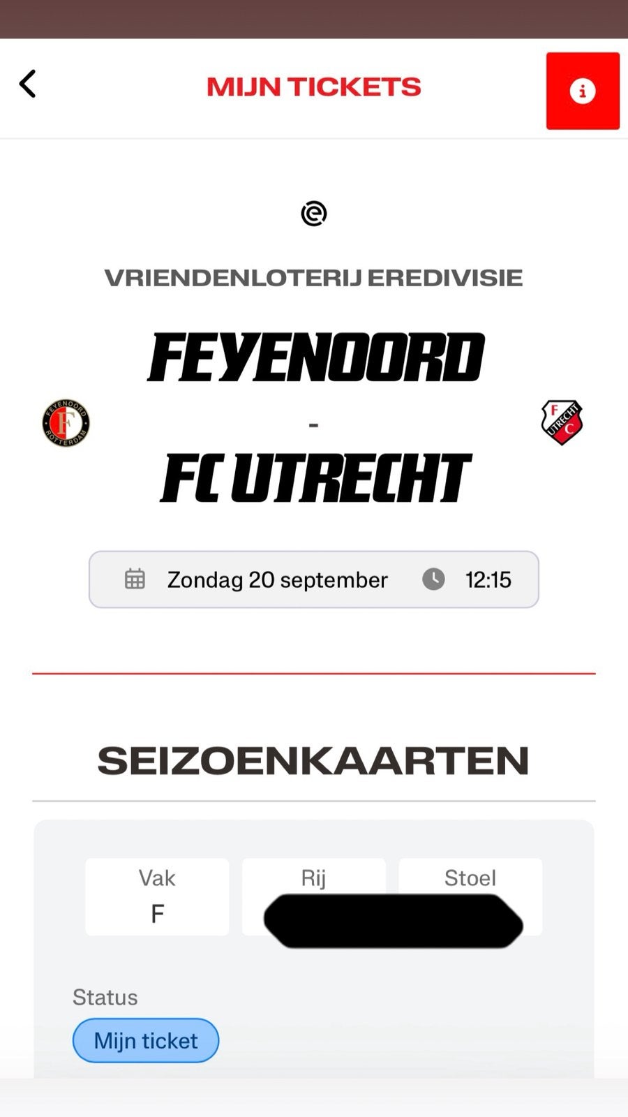 1x ticket Feyenoord - FC Utrecht, Losse kaart, Eén persoon, September