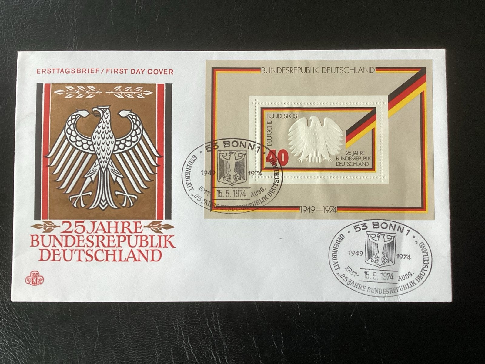 Eerstedaghoes 25 jaar Bondsrepubliek Duitsland 1974, Postzegels en Munten, Ophalen of Verzenden, Beschreven, Europa
