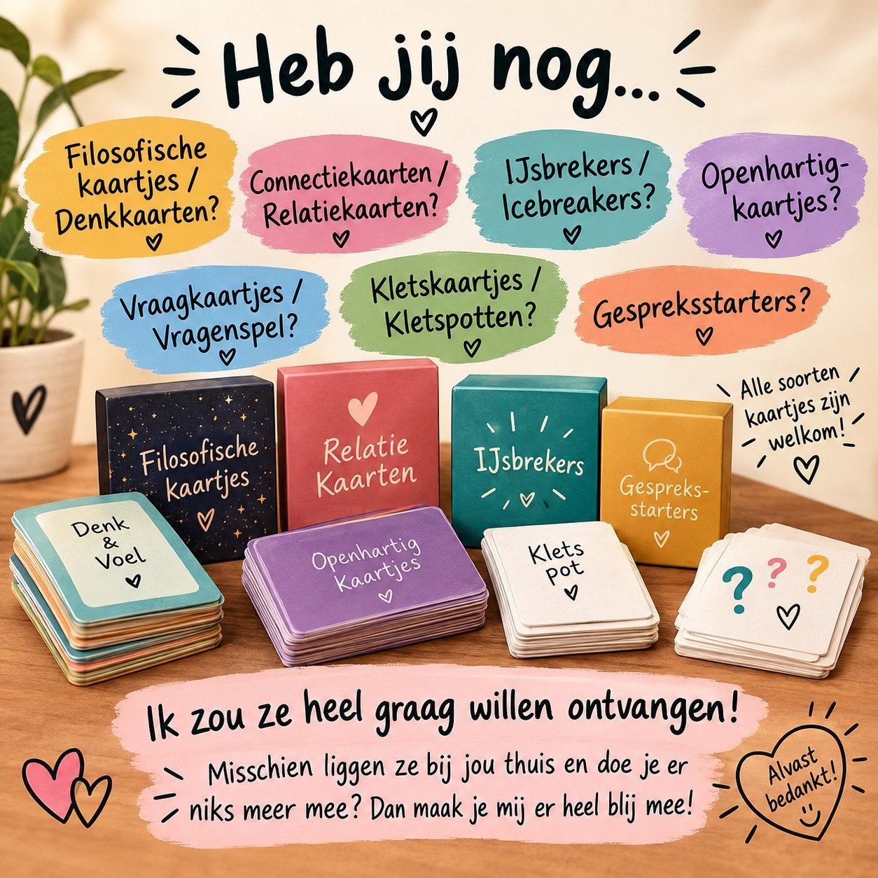 Gezocht: Filosofische, Relatie, IJsbreker kaartjes, Ophalen