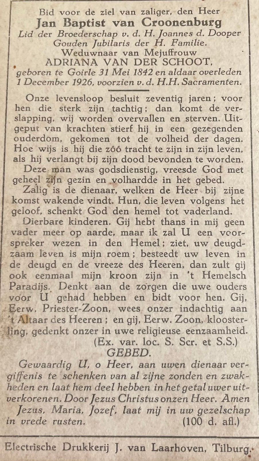Jan Baptist van Croonenburg 1842 Goirle, Ophalen of Verzenden