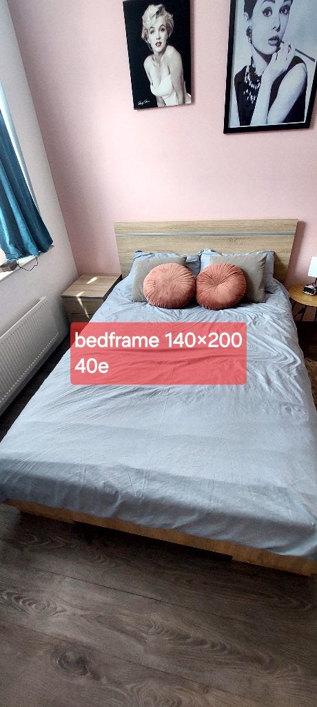 Bedframe + nachtkastje, Huis en Inrichting, Bruin, Tweepersoons, Zo goed als nieuw, 200 cm