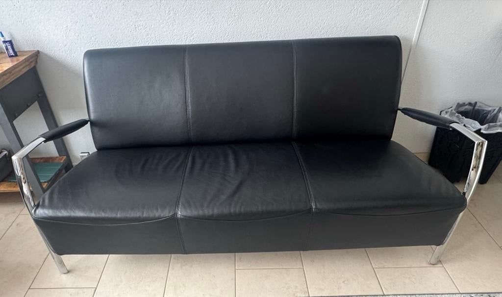 3-zitsbank en fauteuils - Zwart leer, Huis en Inrichting, Ophalen, Gebruikt, Minder dan 75 cm, 150 tot 200 cm