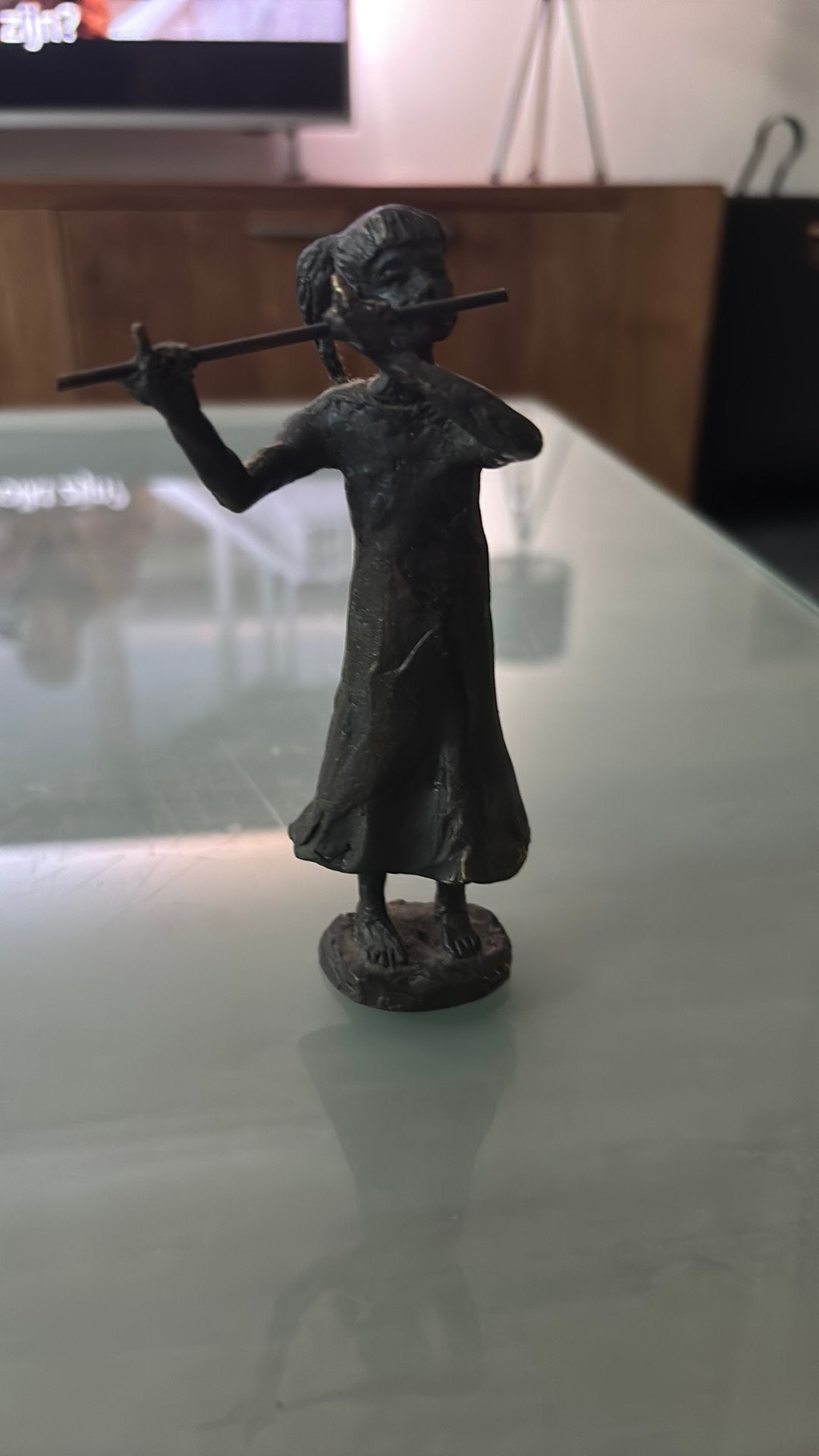 Zwaar bronzen beeldje “Meisje met dwarsfluit” 14cm hoog, Ophalen of Verzenden