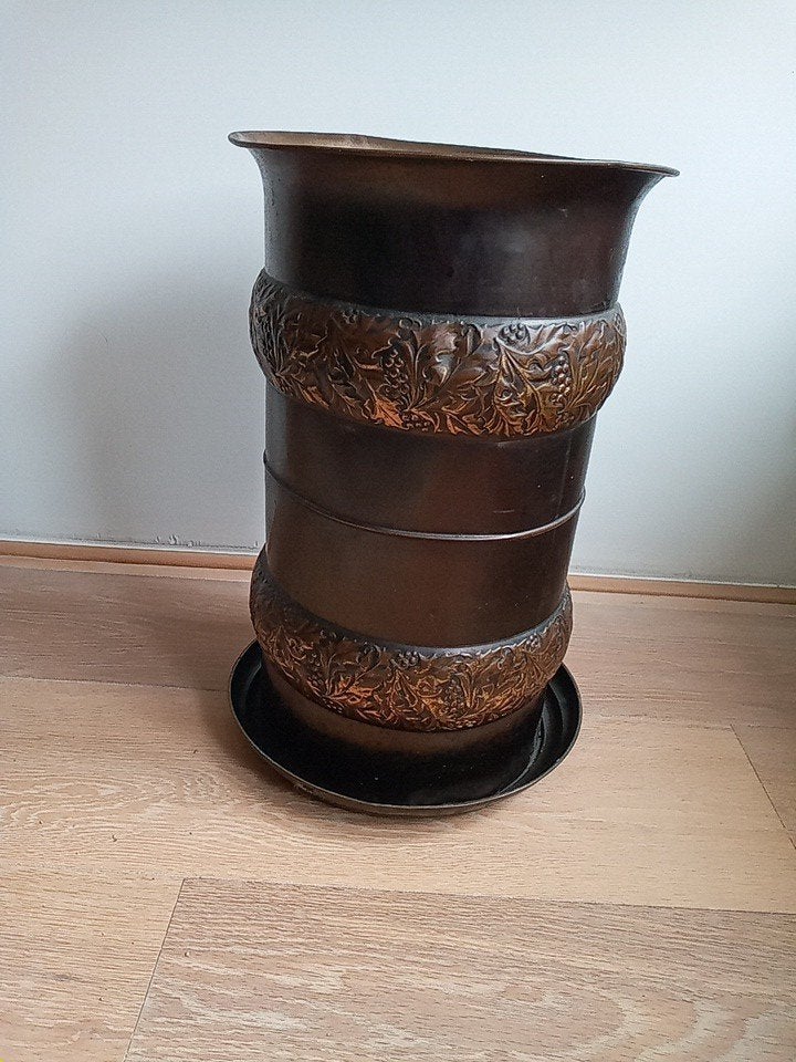 42hgx26diam. Antiek koperen paraplubak met koperbeslag, Huis en Inrichting, Ophalen of Verzenden, Gebruikt, Metaal