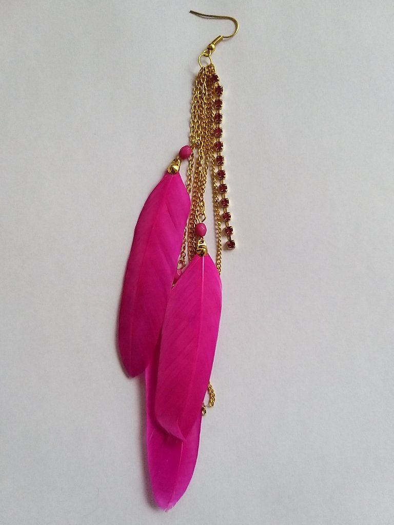 Fuchsia roze veren met strass streng hang oorbel, Overige materialen, Hangers, Ophalen of Verzenden, Zo goed als nieuw