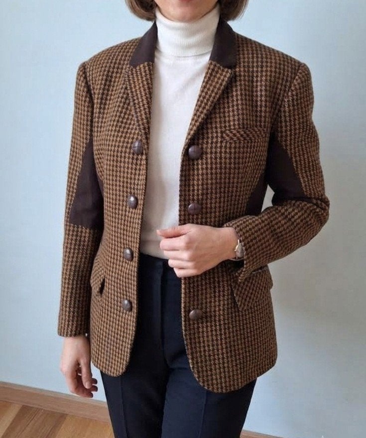 Vintage geruite wollen blazer met schoudervulling maat 36, Bruin, Zo goed als nieuw, Jasje, Maat 36 (S)