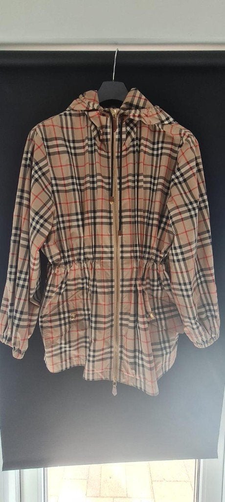 Burberry geruite jas met capuchon, Beige, Maat 42/44 (L), Ophalen of Verzenden, Zo goed als nieuw