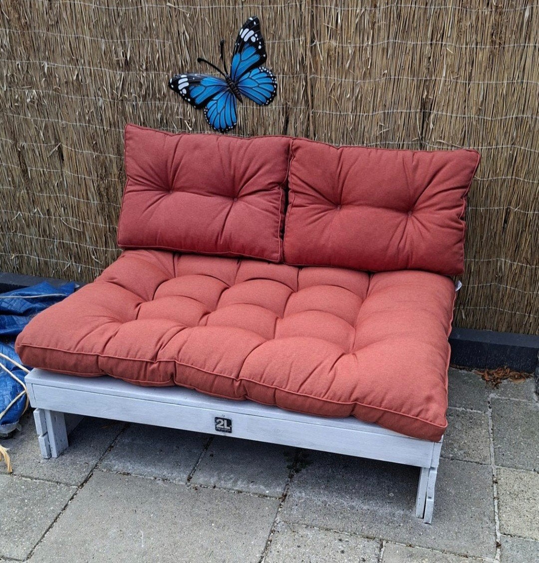 Mooie stevige palletbank met nieuwe kussens, Tuin en Terras, Ophalen, Gebruikt, Hout