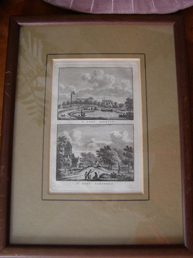 gravure T' Dorp Hichtum / T' Dorp Kimswerd rond 1790, Stadsgezicht, Ophalen of Verzenden, 33 cm, 25 cm