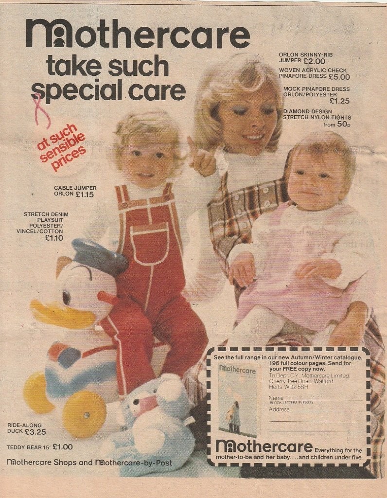 Retro reclame 1973 Mothercare kindermode jongetje tuinbroek, Verzenden, Overige typen