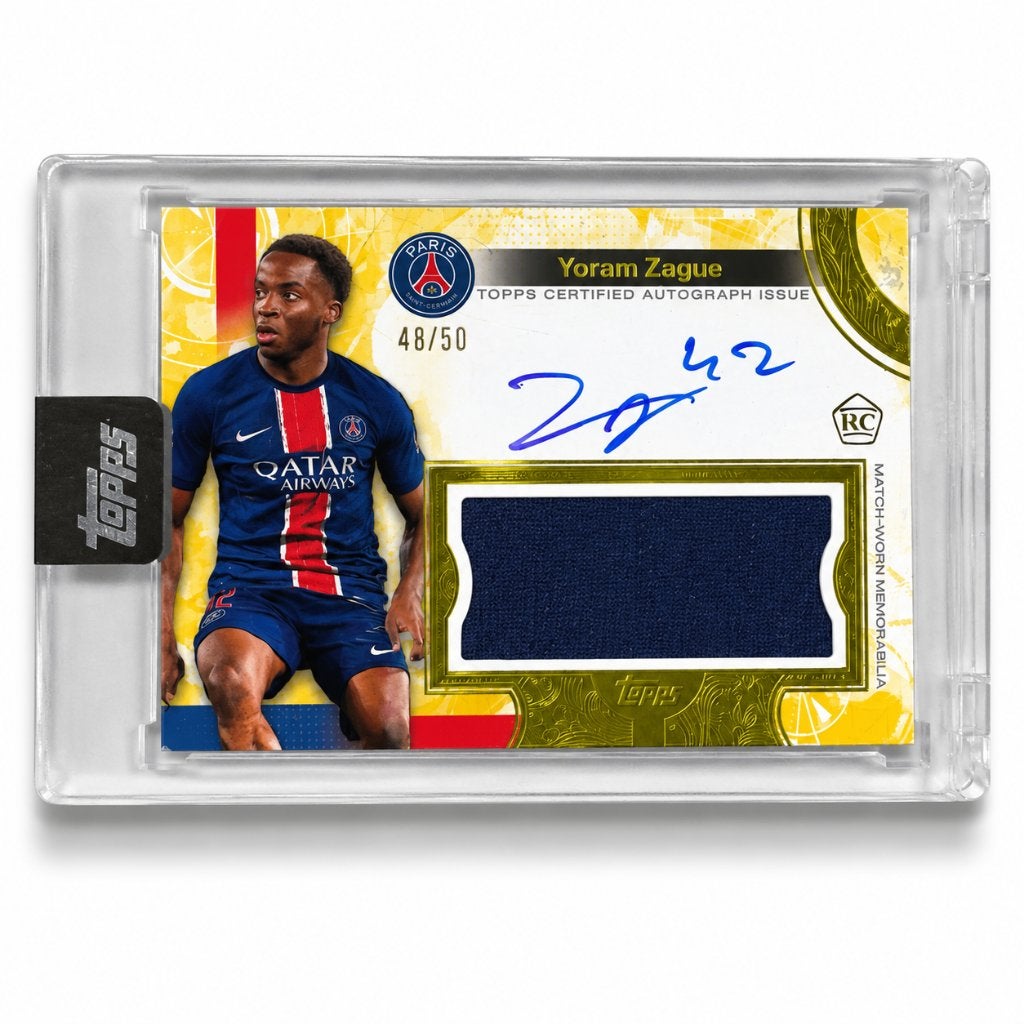 Topps Exhibition PSG 24/25 Yoram Zague Auto Relic /50, Ophalen of Verzenden, Zo goed als nieuw, Buitenlandse clubs, Spelerskaart