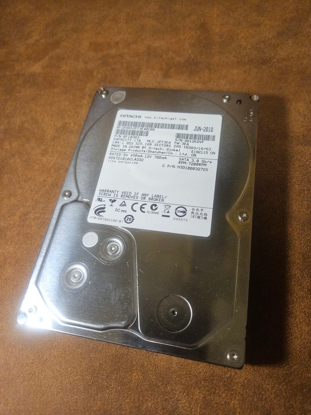 Hitachi 1TB HDD SATA 3.0 Gb/s 7200 RPM, Intern, Gebruikt, Ophalen of Verzenden, 1TB