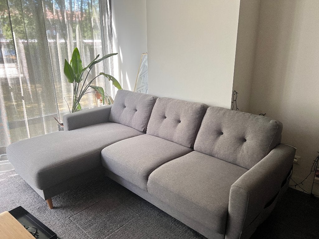 Corner Sofa with Chaise Longue – Grey, Ophalen, Scandi, 125 tot 150 cm, Driepersoons