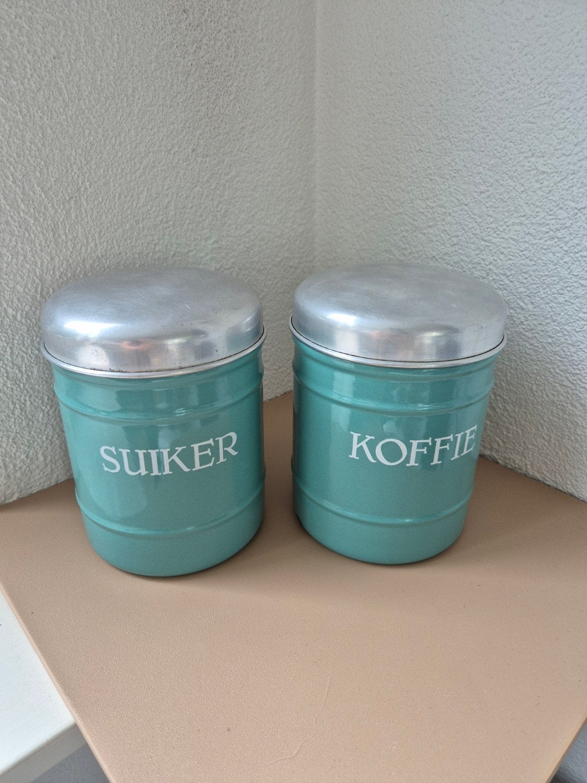 Emaille voorraadpot Suiker en Koffie - mintgroen (zeldzaam), Ophalen of Verzenden