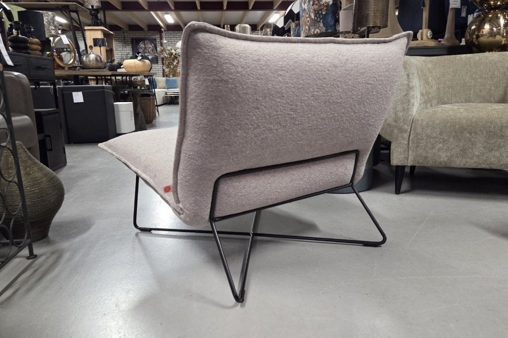 Luxe fauteuil EARL Jess design metaal zachte stof naturel, Huis en Inrichting, Ophalen, 75 tot 100 cm, Zo goed als nieuw, Metaal
