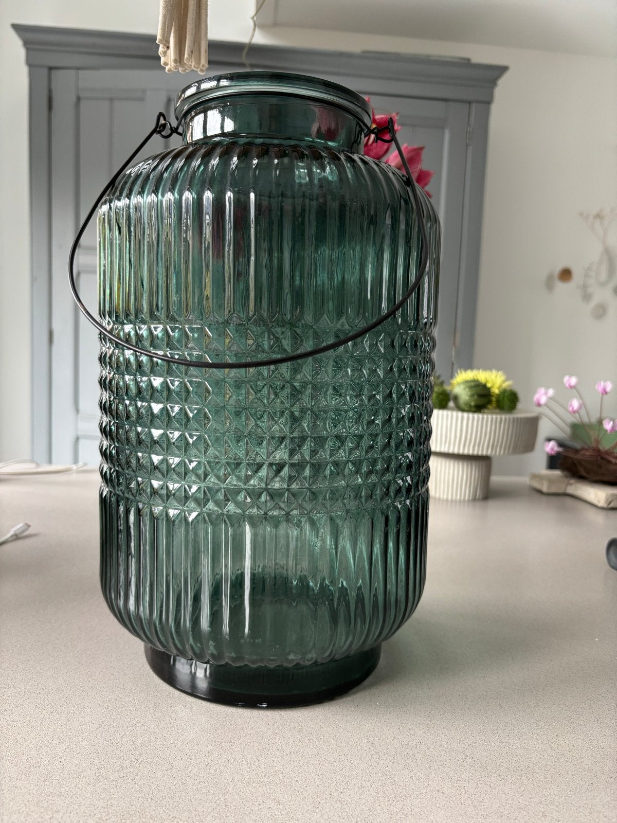 Grote glazen lantaarn - 38x22 cm, Ophalen of Verzenden, Gebruikt, Groen, Glas