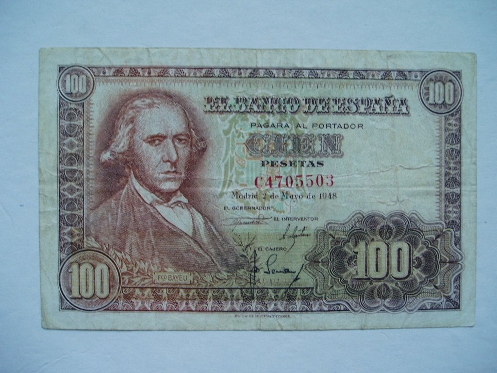 945. Spanje, 100 pesetas 1948 Francisco Bayeu y Subias., Postzegels en Munten, Bankbiljetten | Europa | Niet-Eurobiljetten, Verzenden