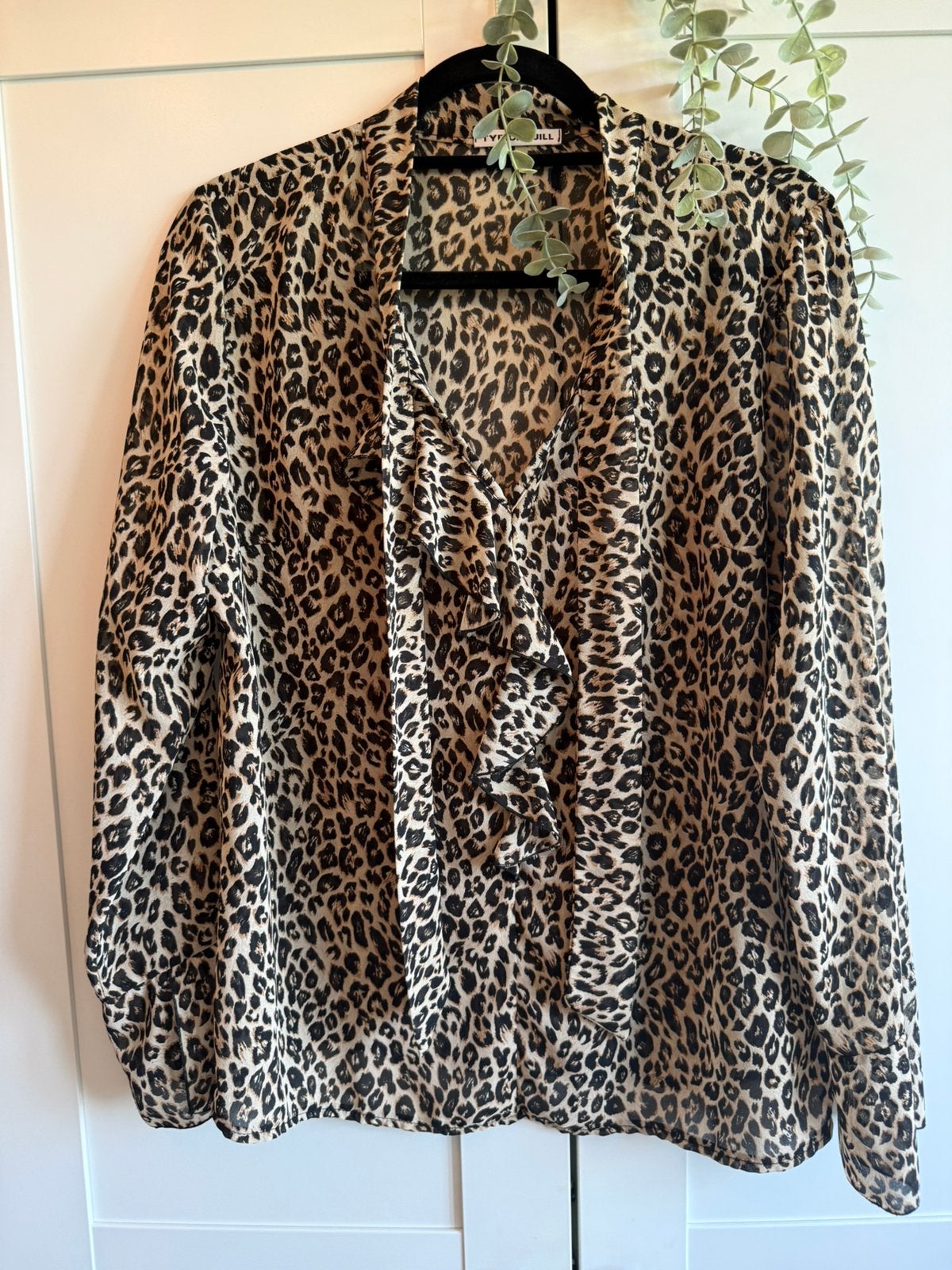 Typical Jill, luchtige blouse (L) met ruches in panterprint, Ophalen of Verzenden, Zo goed als nieuw, Maat 42/44 (L), Zwart