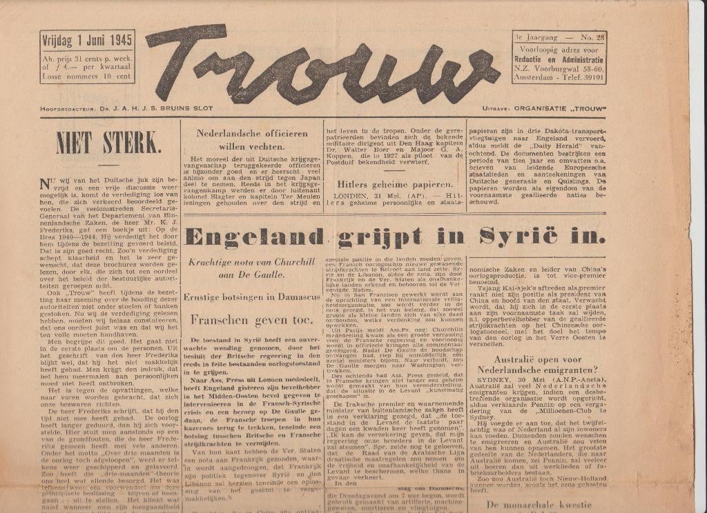 Vrij trouw vrijdag 1-6- 1945 krant 3e jaargang no. 28., Ophalen of Verzenden, 1940 tot 1960, Nederland, Krant