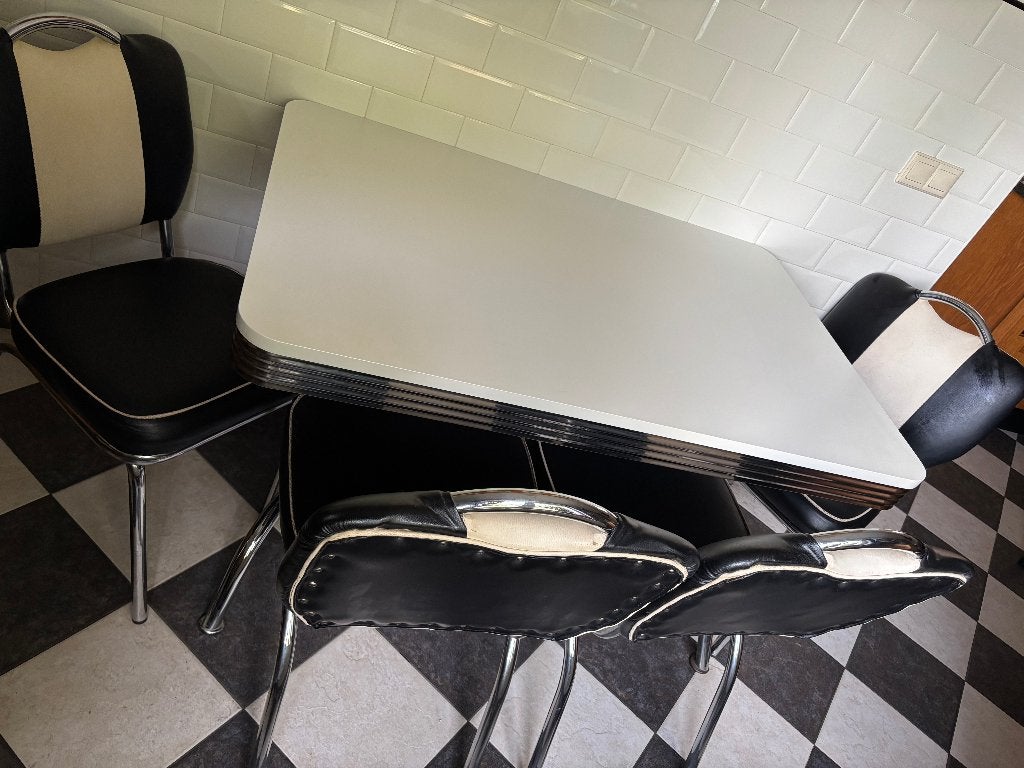 ' Vintage' - jaren 60  look, eettafel met 4 stoelen, Ophalen, Overige materialen, Gebruikt, 100 tot 150 cm