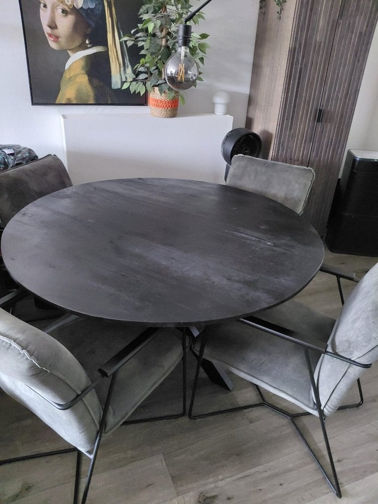 Eettafel rond 130 cm. van mangohout zwart !, Ophalen, 100 tot 150 cm, Rond, 200 cm of meer