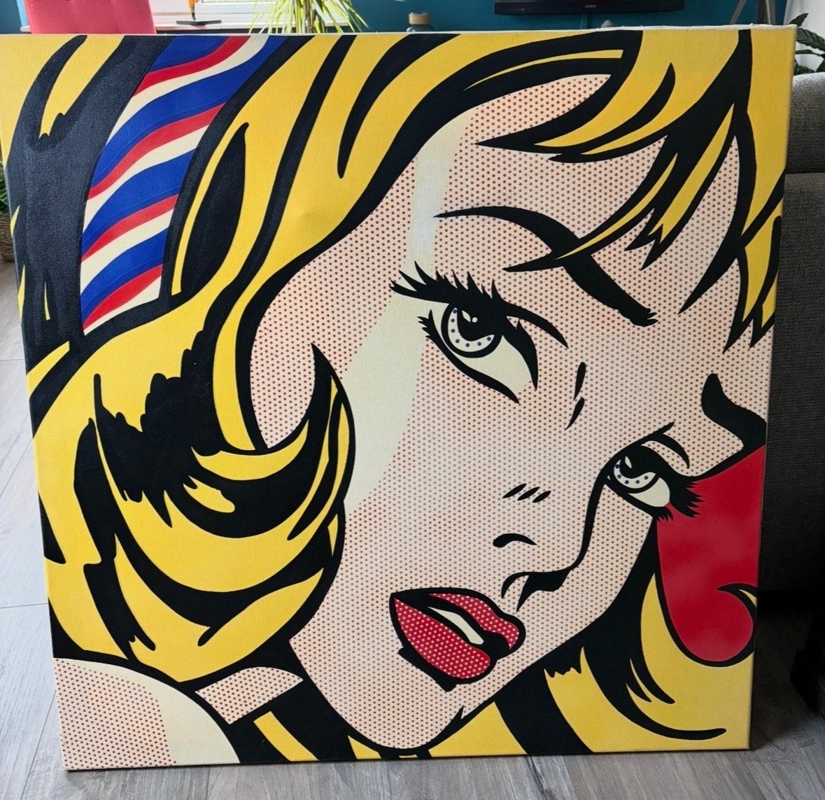 Roy Lichtenstein - Girl with Hair Ribbon (Pop Art/100x100cm, Antiek en Kunst, Ophalen, Print, Textiel, Stripfiguren/cartoons