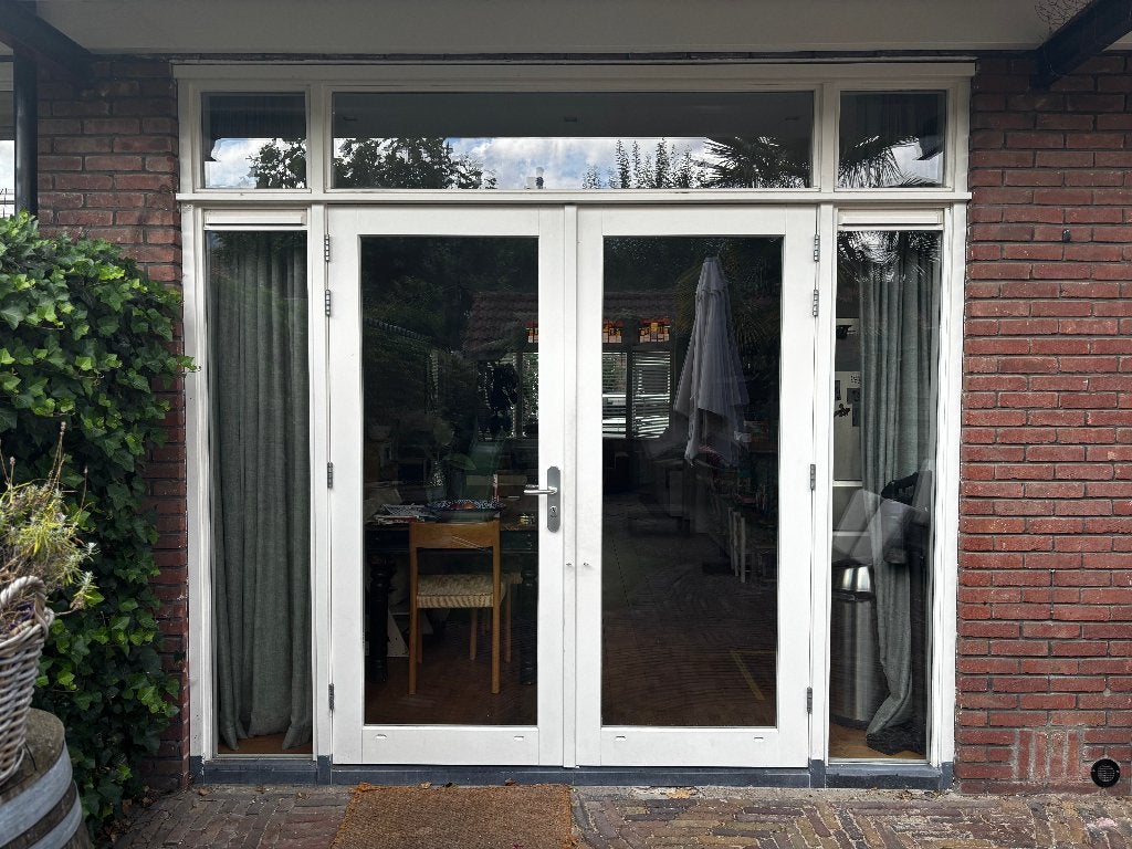 Dubbele tuindeuren met zijlichten en bovenlichten, Doe-het-zelf en Verbouw, Ophalen, Gebruikt, Deurkozijn, 225 cm of meer