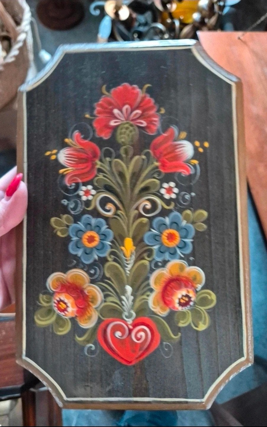 Handgeschilderd houten paneel met bloemen en hart, Ophalen of Verzenden