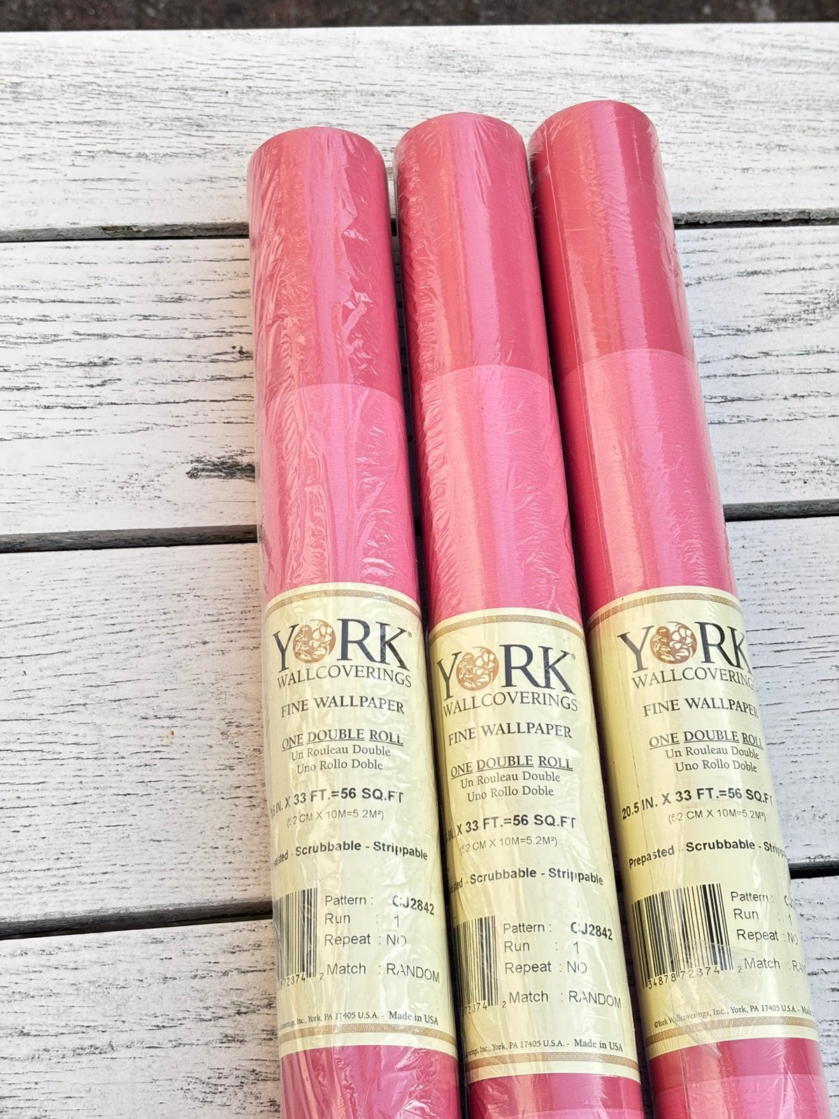 Roze gestreept behang 3 rollen vintage, Ophalen of Verzenden, Roze
