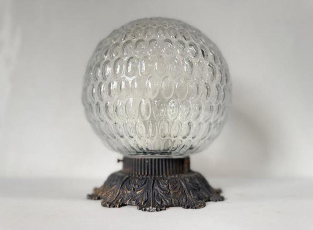 Vintage lamp bol helder bubbels + bronskleurig armatuur, Ophalen of Verzenden, Zo goed als nieuw, Glas, Vintage