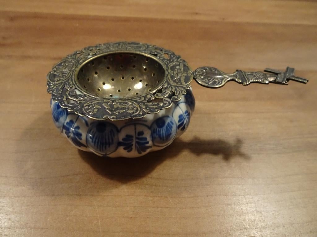 Zilver theezeefje molen delfts blauw lekbakje schotel bakje, Ophalen of Verzenden