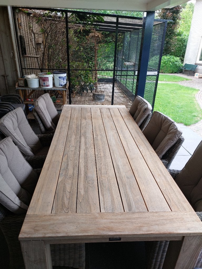 Tuinset met houten tafel en 6 stoelen, Ophalen, Gebruikt, 6 zitplaatsen, Wicker