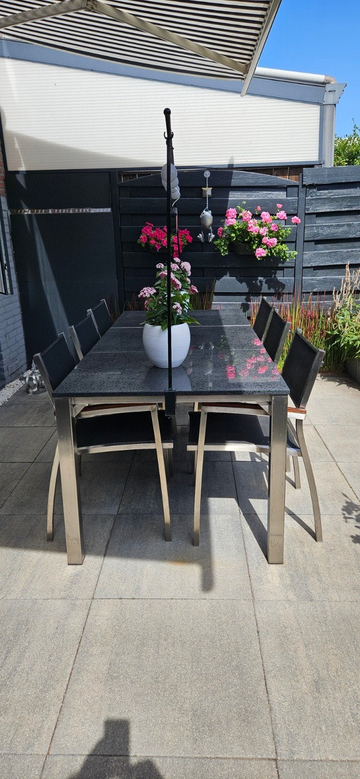 Luxe tuinset: marmeren tafel met 6 RVS stoelen, Ophalen, Gebruikt, Rechthoekig, Rvs