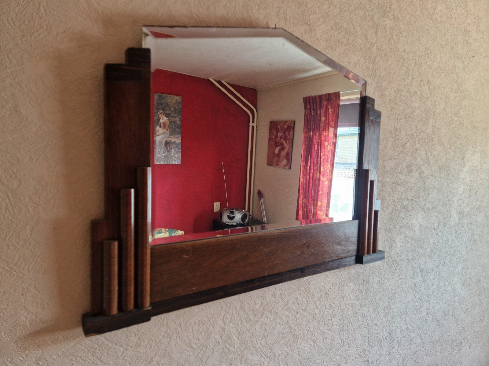 Vintage spiegel met houten lijst - 70x57cm, Ophalen, Gebruikt, 50 tot 75 cm, Minder dan 100 cm
