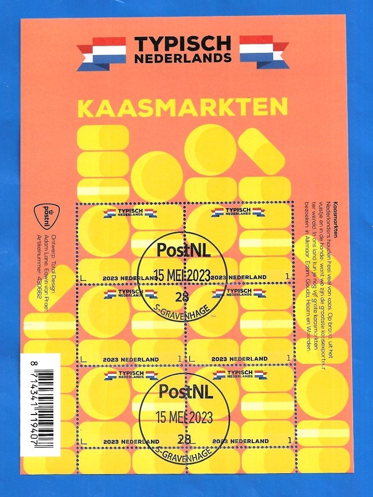 Typisch Nederlands – kaasmarkten  (gestempeld postzegelvel), Ophalen of Verzenden, Na 1940, Gestempeld