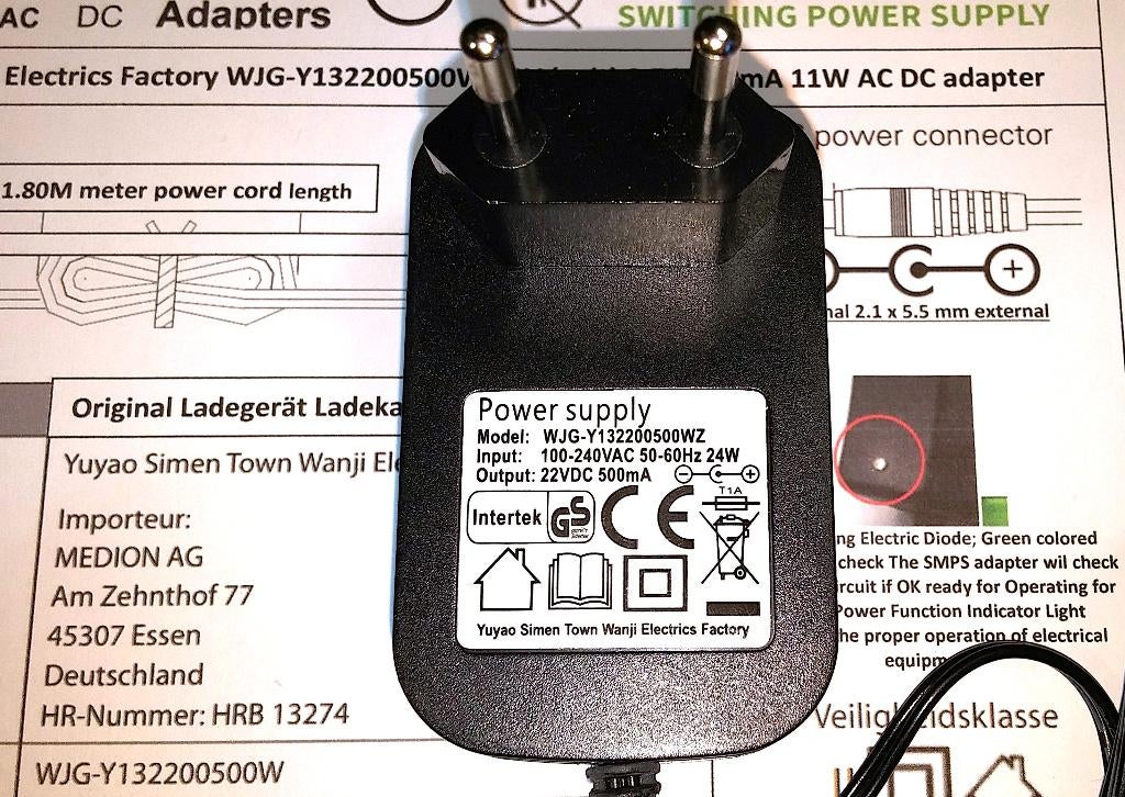 Wanji MEDION WJG-Y132200500W 22V 0.5A AC DC Adapter MD10731, Audio, Tv en Foto, Opladers, Ophalen of Verzenden, Nieuw