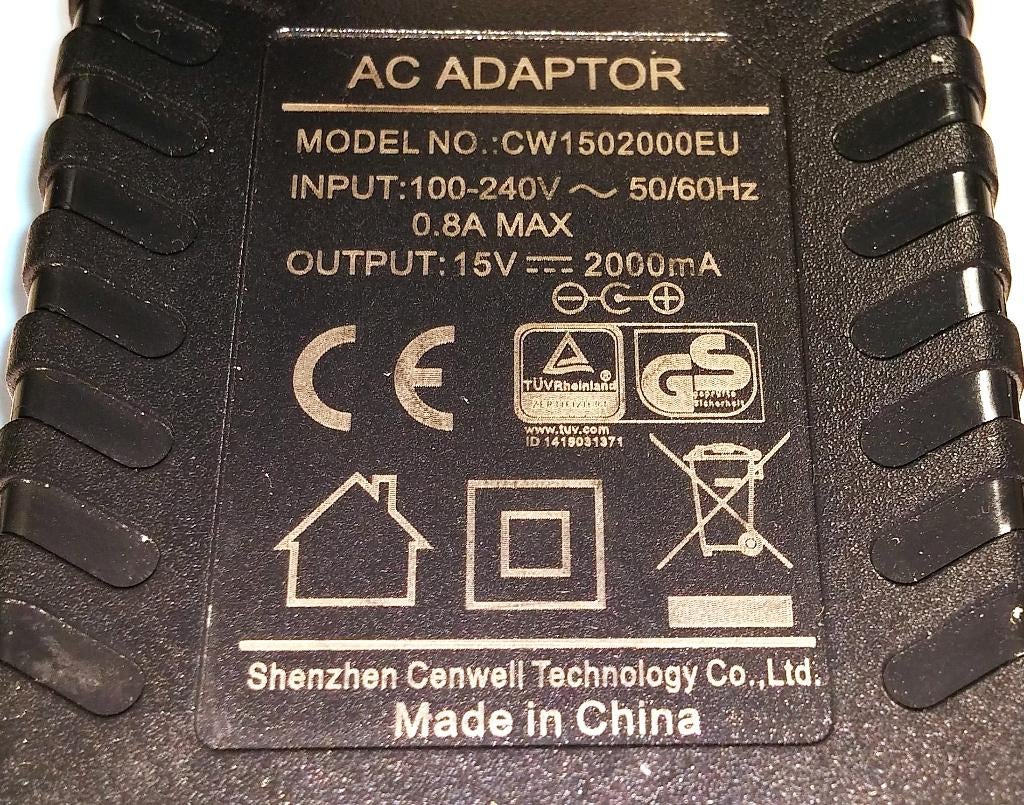 Cenwell CW1502000EU 15V 2A 1A 30W Adapter Lader Oplader, Computers en Software, Pc- en Netwerkkabels, Ophalen of Verzenden, Zo goed als nieuw