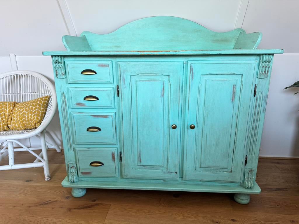 Commode, vintage / brocante, mintgroen, Ophalen, 50 tot 70 cm, Opstaande rand, 90 tot 105 cm