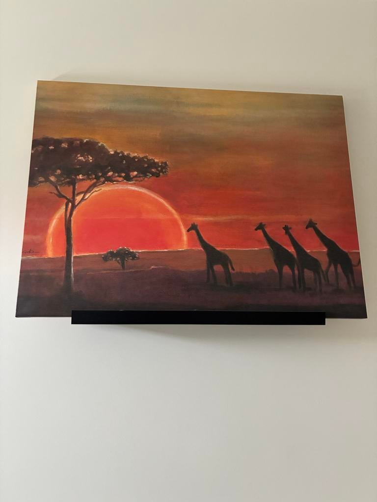 Canvas schilderij zonsondergang met giraffen, Ophalen