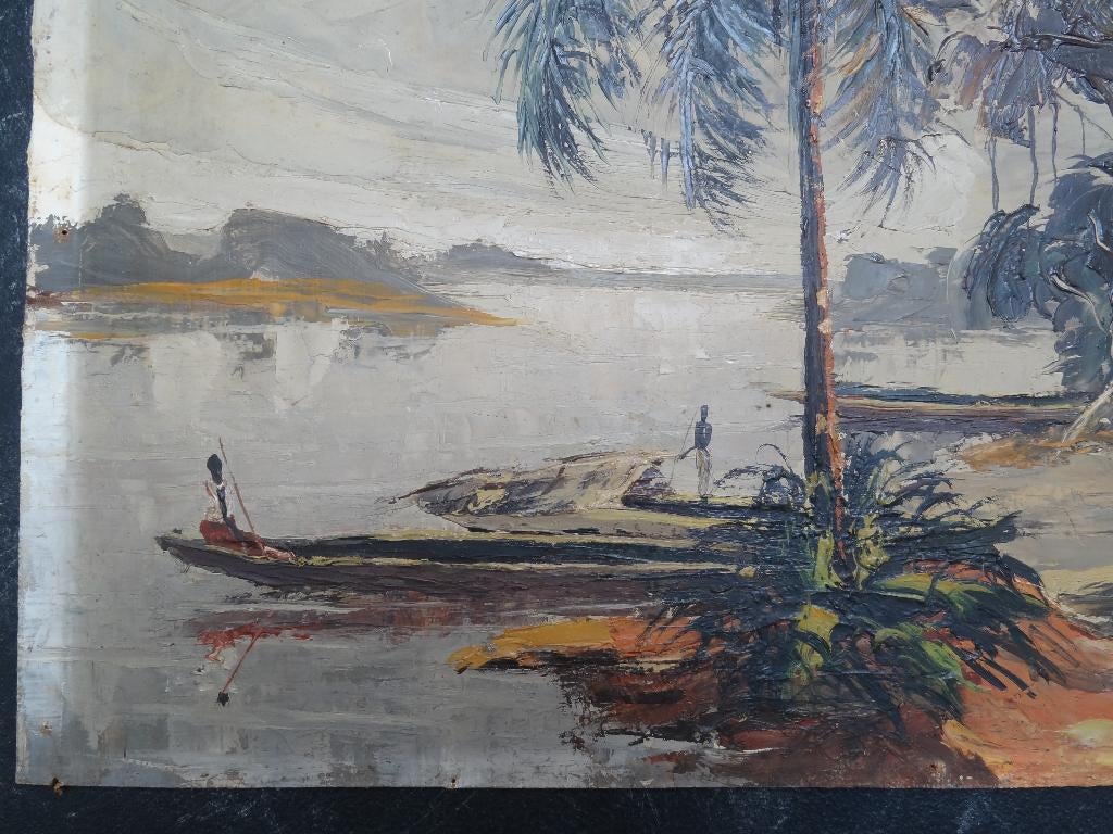 Schilderij rivier kano's bij hut Indonesië Molo Aljili 1961, Verzenden