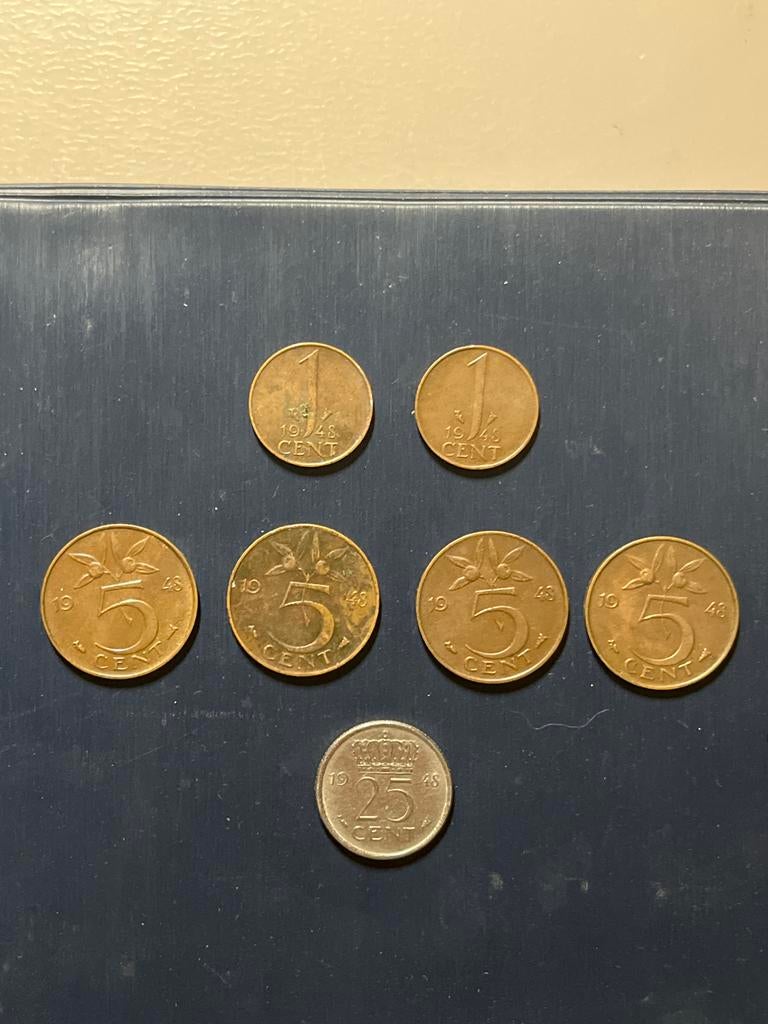 Set Nederlandse munten 1948: 1 cent, 5 cent, 25 cent, Ophalen of Verzenden, Koningin Wilhelmina, Overige waardes, Setje