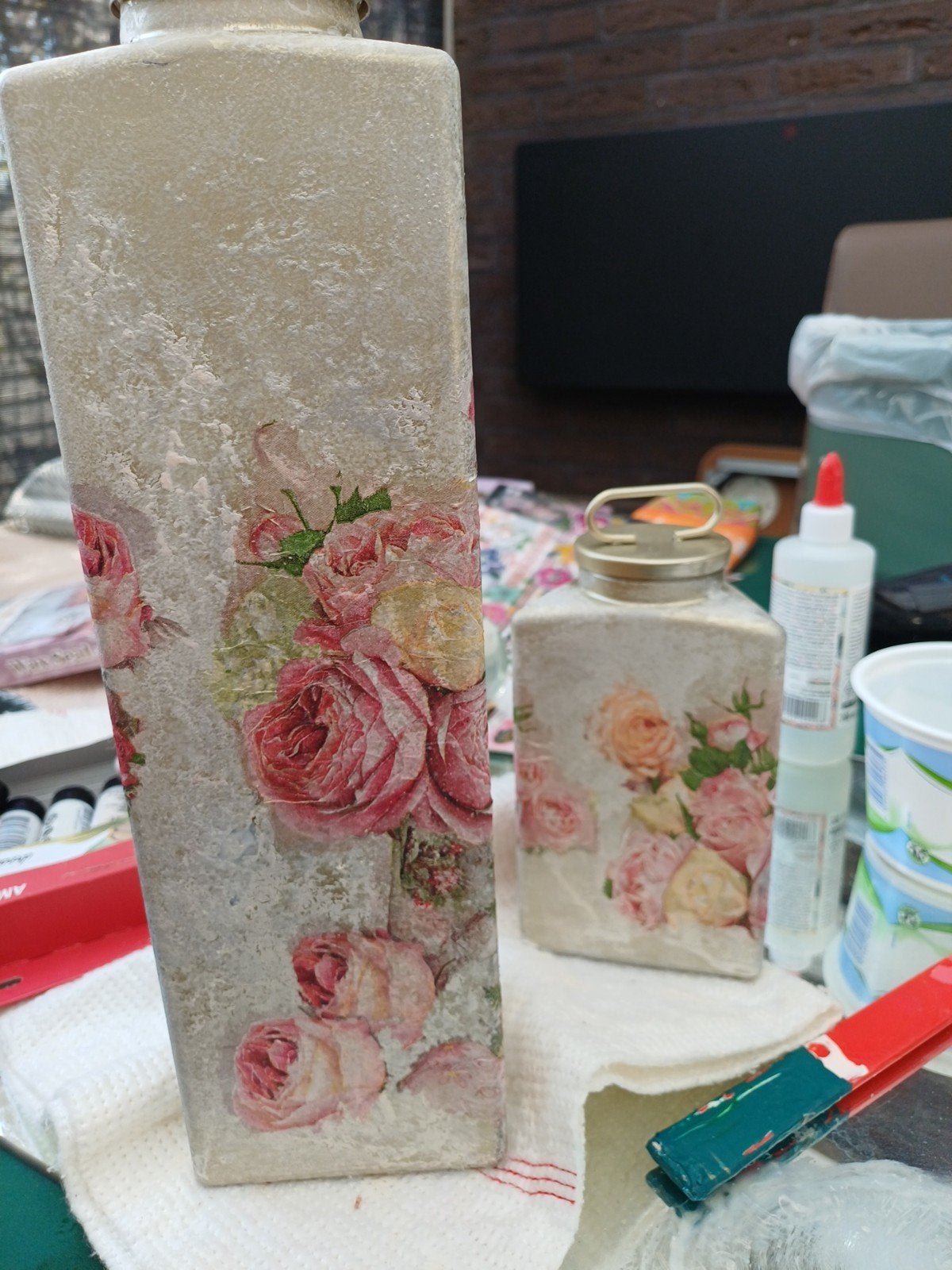 Vintage Decoupage Flessen Set - Handgemaakt met Rozen, Ophalen of Verzenden
