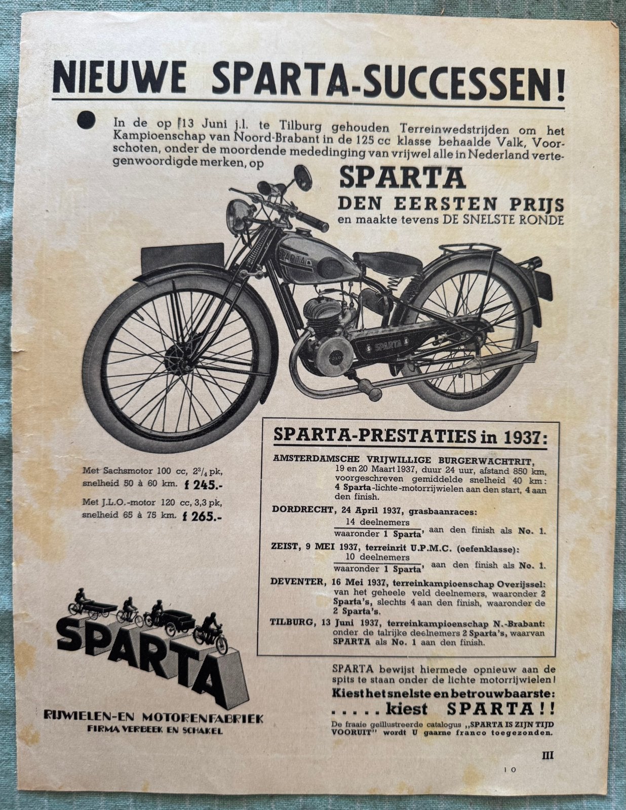 Advertentie 1937 Sparta 125cc Sachs JLO, Verzenden, Gebruikt, Motoren