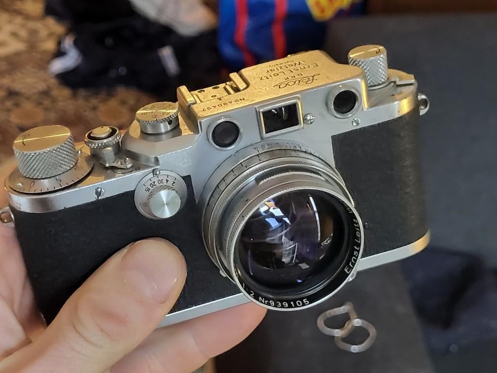 Leica IIIc 1949 + Summitar 2/5cm + Elmar 3.5/5cm - near mint, Ophalen of Verzenden, Gebruikt, Spiegelreflex, Leica