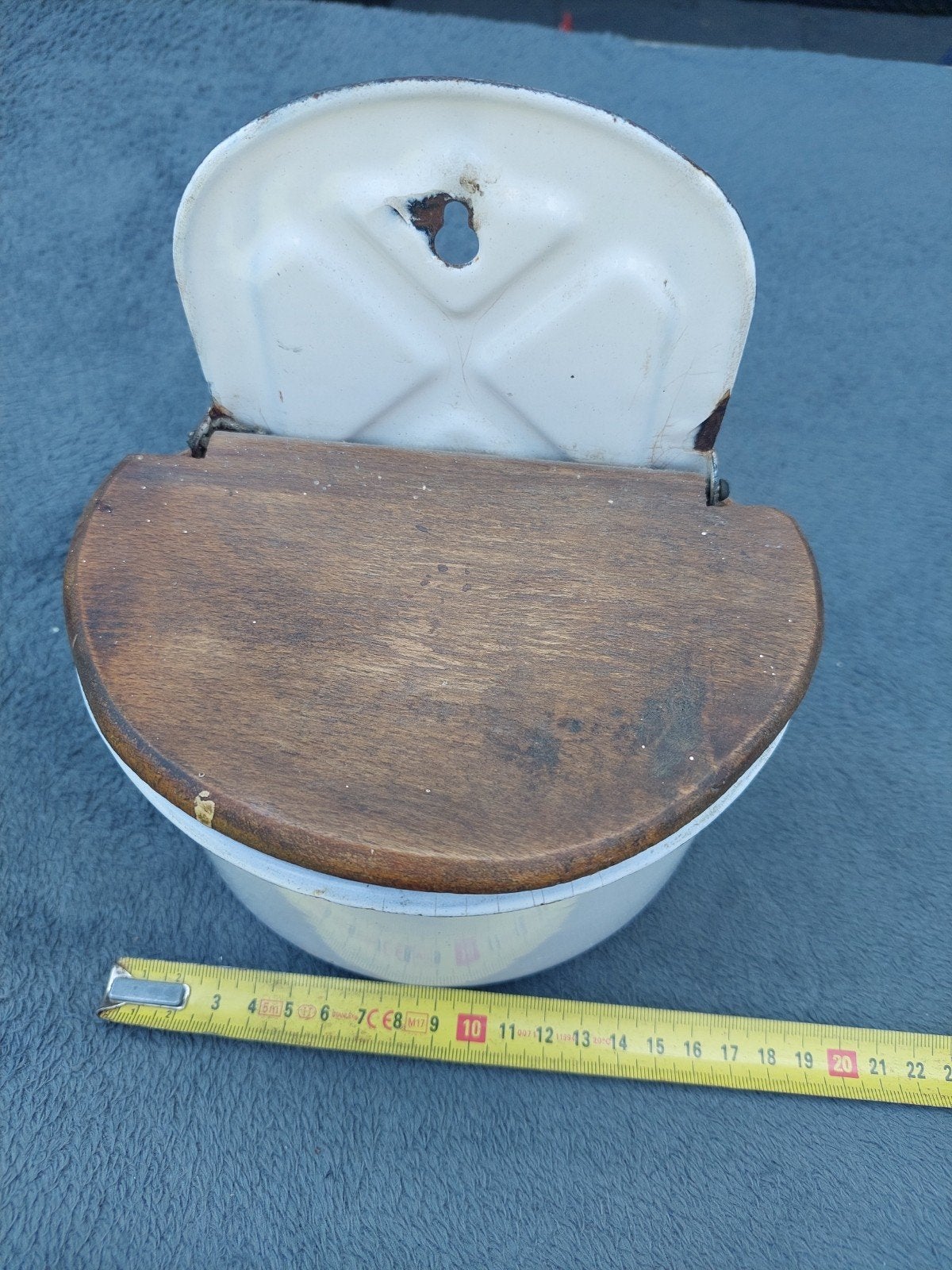 Vintage Wit Emaille Zoutpot met Houten Deksel, Ophalen of Verzenden