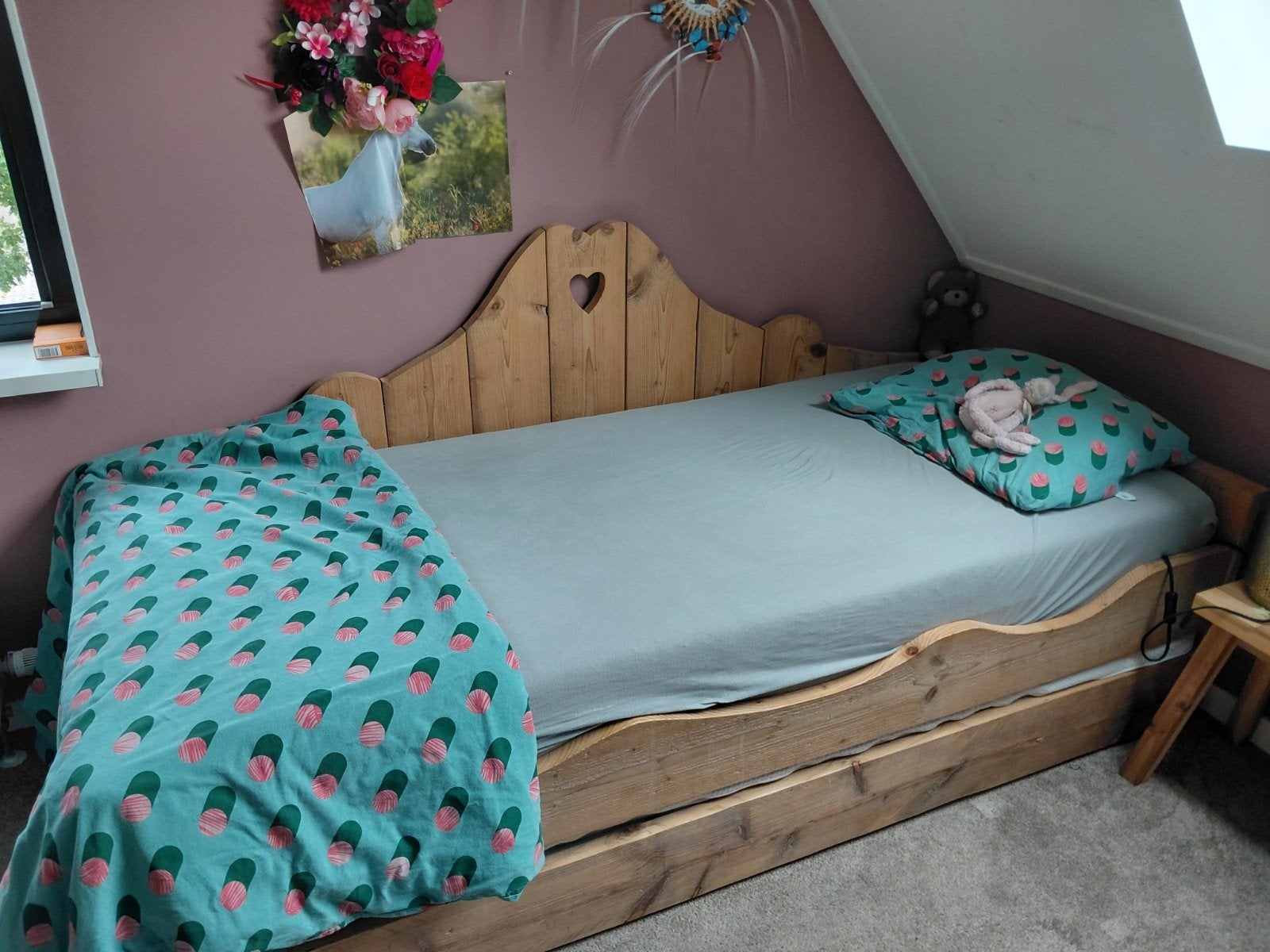 Stijger houten bed met uitschuifbaar onderschuifbed, Ophalen, Gebruikt, 90 cm, Eenpersoons