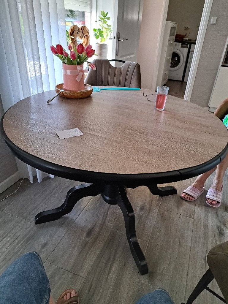 Ronde uitschuifbare eettafel, Huis en Inrichting, Ophalen, Gebruikt, Rond, 100 tot 150 cm