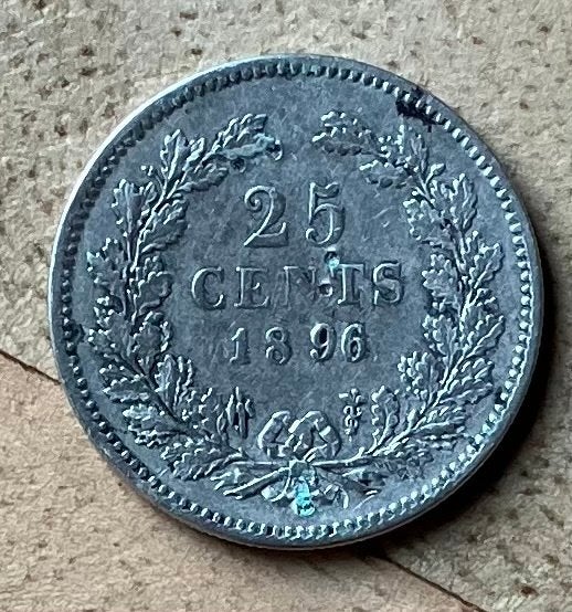 25 cent 1896 Wilhelmina met punt (zeldzame variant), Ophalen, Zilver, 25 cent, Koningin Wilhelmina